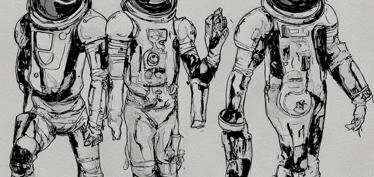 Image similar to male, full body, space suit with a modern helmet, large shoulders, short torso, long thin legs, tiny feet, character sheet, science fiction, very stylized character design, very stylized proportions, pen and ink, digital painting, watercolor wash, by mike mignola, by alex maleev, jean giraud