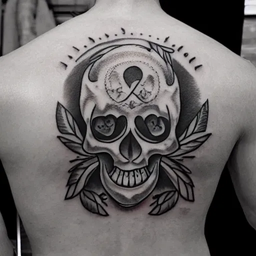 Image similar to yin-yang skull tattoo on a back of a man