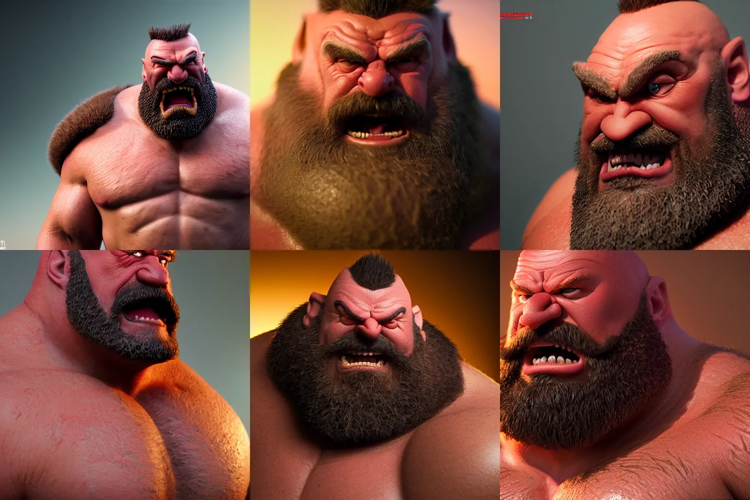 Prompt: incredibly realistic, too detailed face of zangief hog rider, octane render, bump mapping, macro image, global illumination, 8 k, bokeh, enki bilal, yuji himukai, jen zee, mohrbacher