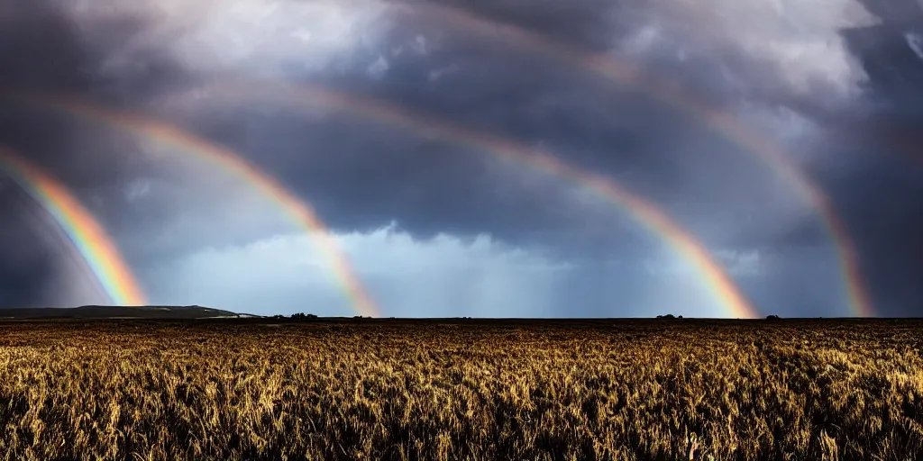 Prompt: detailed fields nature, super storm, faint rainbow, impressive, atmospheric, god rays, cinematic, deep colors, very high complexity, stunning, masterpiece, 3 5 mm, very detailed. 4 k