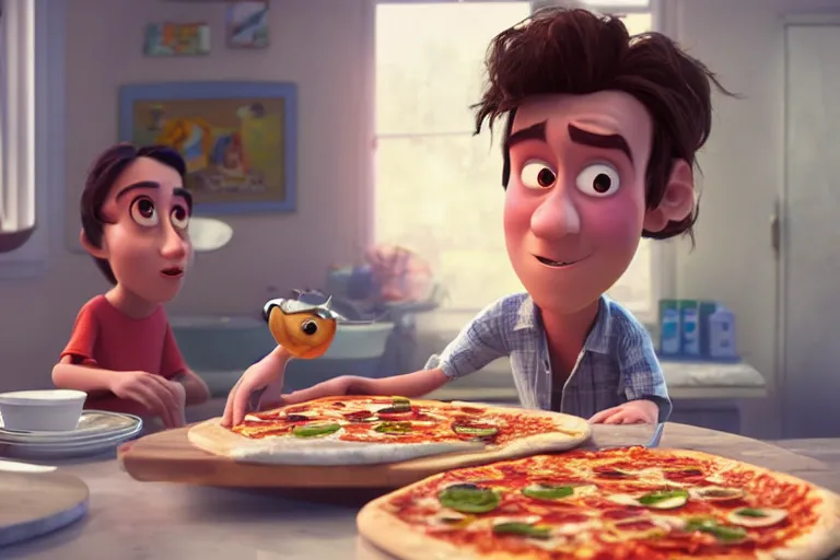 Image similar to still from a Pixar movie of Harry Styles making a pizza, high quality 3d render, movie, Pixar, Renderman, 4k, artstation