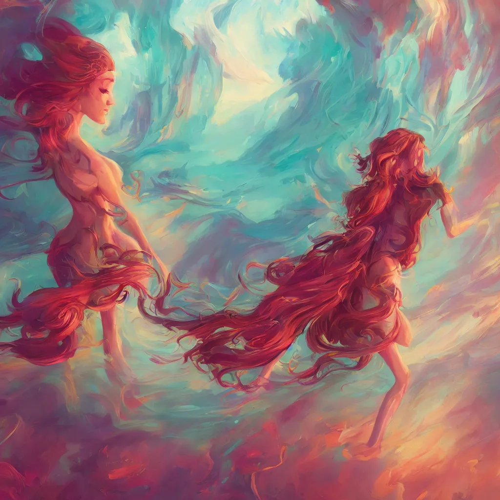 Prompt: a colorful and provenance illustrations painting of the fantasy female flying floral wing, highly detailed, her hair made of hair made of air wind and curling smoke, mist, dust, genie, spirit fantasy concept art, art by aenami, alena, afshar, petros and leonid, trending on artstation.