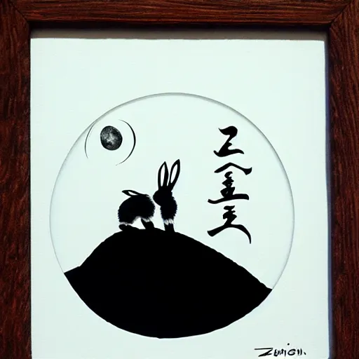 Image similar to zen, moon and rabbit, ink