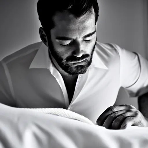 Prompt: a man ironing his collar shirt, placed on a bed, photography, award winning, hyper detailed, dim lighting, high quality, sharp focus, smooth