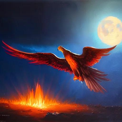 Image similar to phoenix flying in front of the moon, glowing light, fire, oil painting by greg rutkowski, 8 k