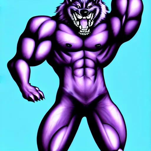 Image similar to anthropomorphic muscular purple wolf, generic furry style, wearing jeans, deviant art, professional furry drawing, insanely detailed, artistic design, hyper detailed wolf - like face, doing a pose from jojo's bizarre adventure, detailed veiny muscles, exaggerated features, beautiful shading, dramatic lighting, huge spikey teeth, grinning