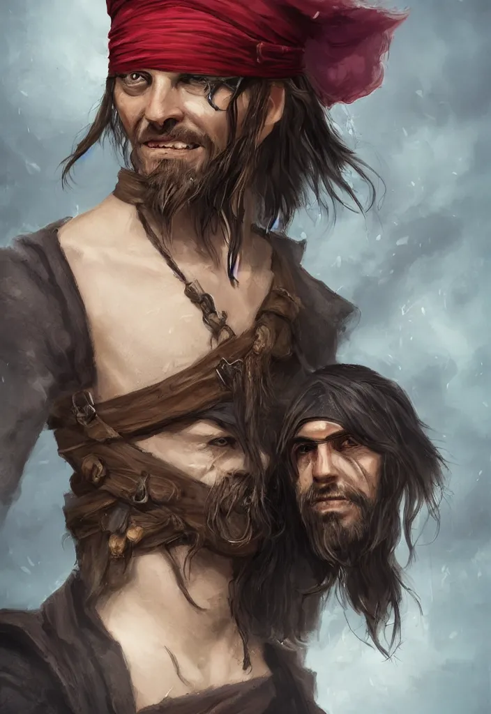 Prompt: a portrait of a pirate with half his face missing eerie, dark, magical, fantasy, trending on artstation, digital art.