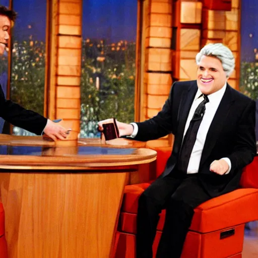 Image similar to Jay Leno as Conan Obrien hosting a late night talk show