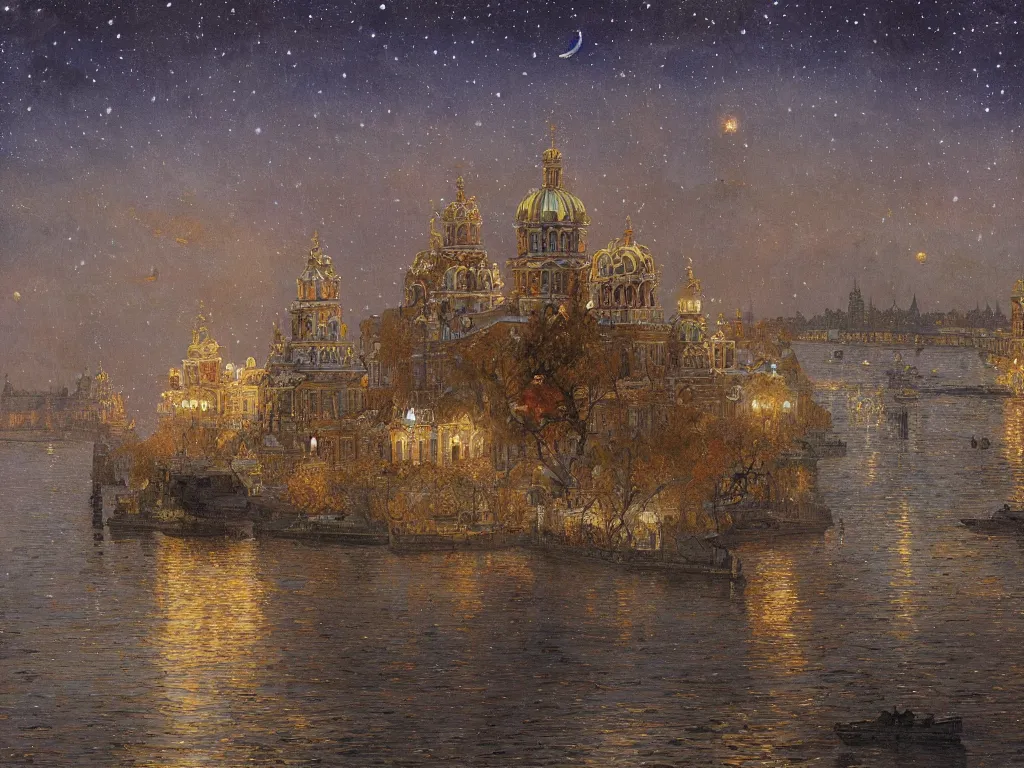 Prompt: a view from the neva river in saint petersburg at night with the sky full of stars, intricate, elegant, highly detailed, digital painting, artstation, concept art, smooth, sharp focus, colored illustration for tattoo, art by krenz cushart and artem demura and alphonse mucha,