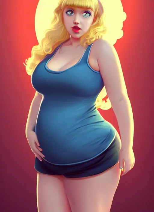 Image similar to full body teenage betty cooper, blonde hair, obese, bangs, ponytail, sultry, realistic, sultry smirk, ponytail, fluffy bangs, curly bangs, fat, belly, beautiful girl, intricate, elegant, highly detailed, digital painting, artstation, concept art, smooth, sharp focus, illustration, art by wlop, mars ravelo and greg rutkowski