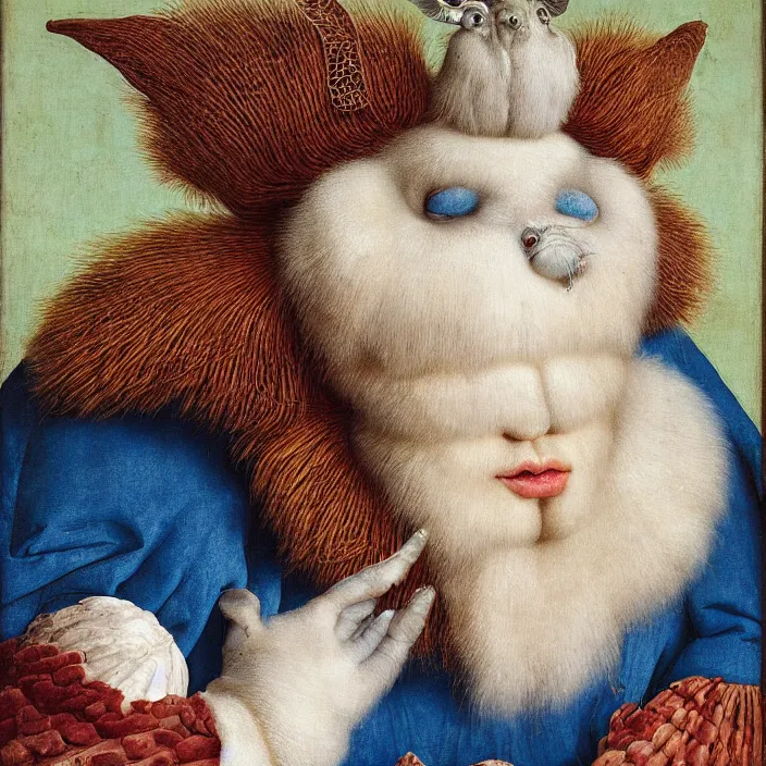 Prompt: close up portrait of a mutant monster creature with white fluffy moth pouf, exotic lily ears, delicate blue sea shell conch corns, snout. by jan van eyck, walton ford