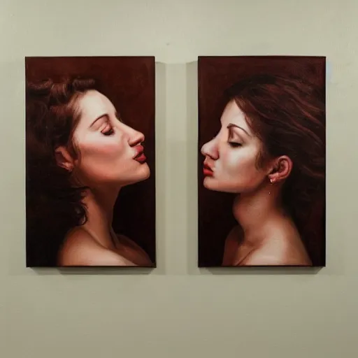 Image similar to two women kissing, oil on canvas, highly detailed, photo realistic