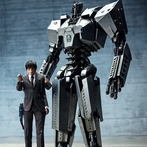 Image similar to cinematic still in westworld and real steel movie and pacific rim movie, one slim full body ornate armored core by fujioka kenki and by mamoru nagano, holding sci - fi rifle,