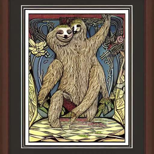 Prompt: sloth as the king of cups, framed, intricate details