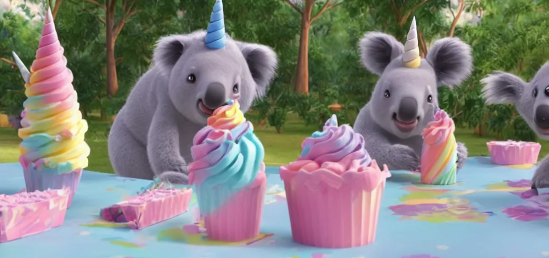 Image similar to a medium shot of a unicorn and koala enjoying ice cream cones at a birthday, highly detailed, Pixar movie, anamorphic lens