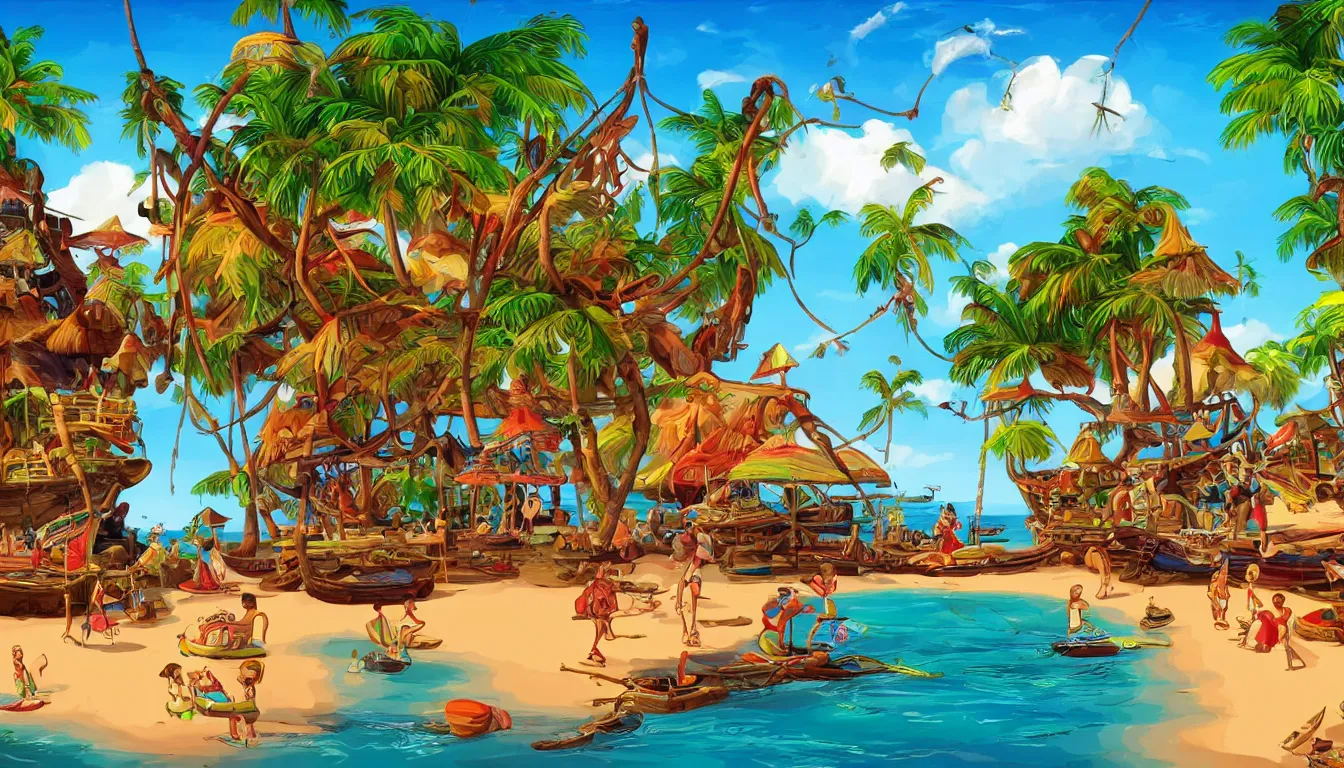 Image similar to a tropical beach scene, The curse of monkey island, animation, high detail, colorful