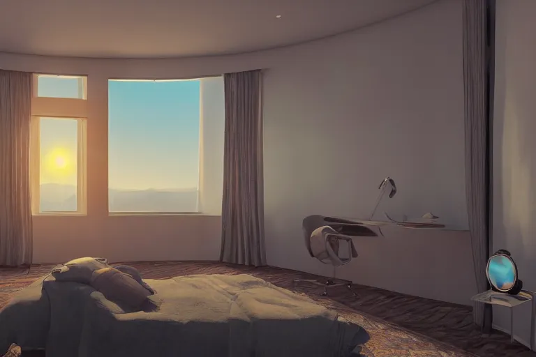 Image similar to a futuristic furnished bedroom with a large window at sunset, godrays, luxury furniture , white bed, complementary colors, warm lighting, path traced, highly detailed, high quality, concept art, 8k, calm, trending on Artstation, full of furniture