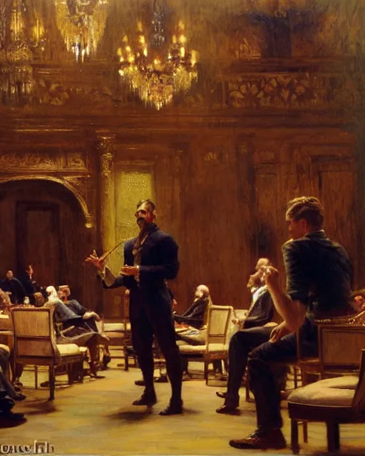 Prompt: a handsome man rehearsing shakespeare to a room full of businessmen, painting by gaston bussiere, craig mullins, j. c. leyendecker