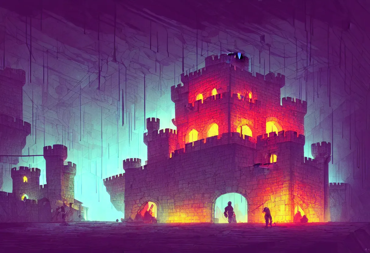 Image similar to handmade illustration of sieged small medieval castle, line art, octane render with volumetric lighting, watercolor by Kilian Eng and by Jake Parker,, futurisitic boxing gym weight room in bladerunner dystopia future, neon radioactive swamp