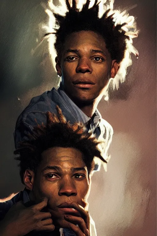 Image similar to ultra realistic illustration, jean basquiat, staring directly into camera, intricate, elegant, highly detailed, digital painting, artstation, concept art, smooth, sharp focus, illustration, art by artgerm and greg rutkowski and alphonse mucha