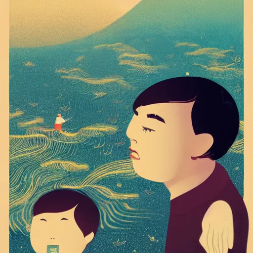 Image similar to a son admiring his father, joyful, illustration by victo ngai, studio muti, malika favre