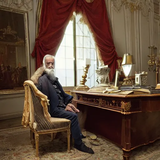 Image similar to An extremely detailed render of a 200 years old man with very old clothes, sitting at his Louis XIV desk, with very old curtains in the room, very old room. The very very very old man has a 1880 phone on his desk. Dust in the air, god rays, raytracing shadows, ambient occlusion, 8K, RTX 3090, trending on artstation, lumens