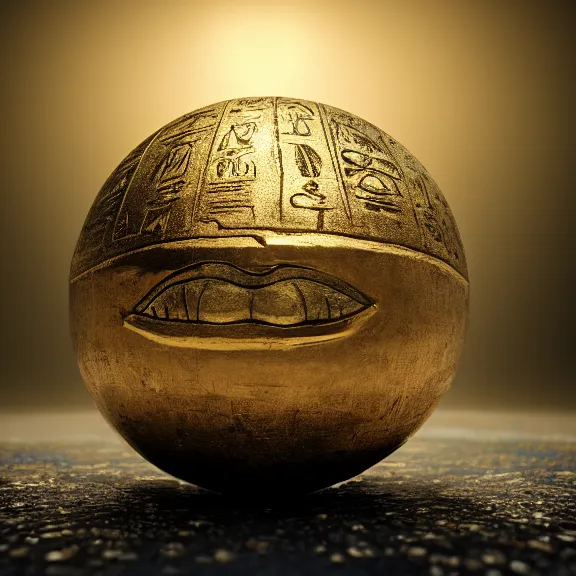 Prompt: An ancient egyptian perfect sphere with the wedjat eye engraved, dirty gold, splash art, movie still, cinematic lighting, dramatic, octane render, long lens, shallow depth of field, bokeh, anamorphic lens flare, 8k, hyper detailed, 35mm film grain
