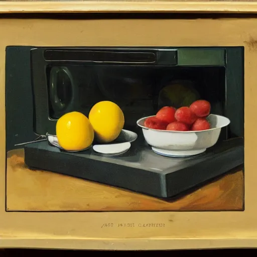 Prompt: A still life of a microwave, Gaspar Peeter, Max Carlier, painting, table, fruit bowl