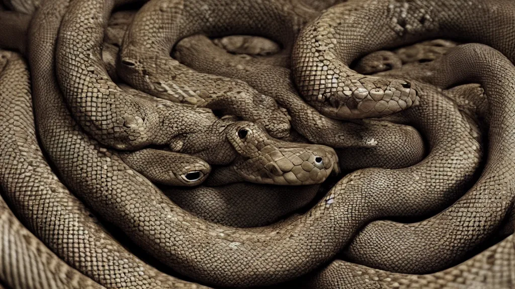 Prompt: snakes don't sleep, film still from the movie directed by Denis Villeneuve with art direction by Zdzisław Beksiński, close up, telephoto lens, shallow depth of field