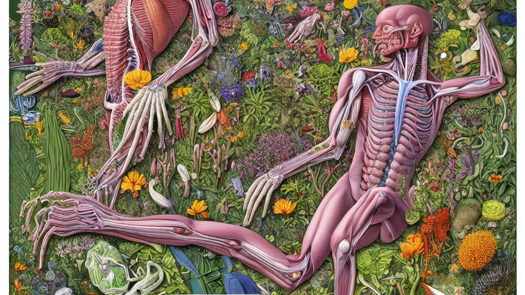 Image similar to highly detailed illustration of a human anatomy body with all the known species of plants and flowers by juan gatti, by moebius!, by oliver vernon, by joseph moncada, by damon soule, by manabu ikeda, by kyle hotz, by dan mumford, by kilian eng