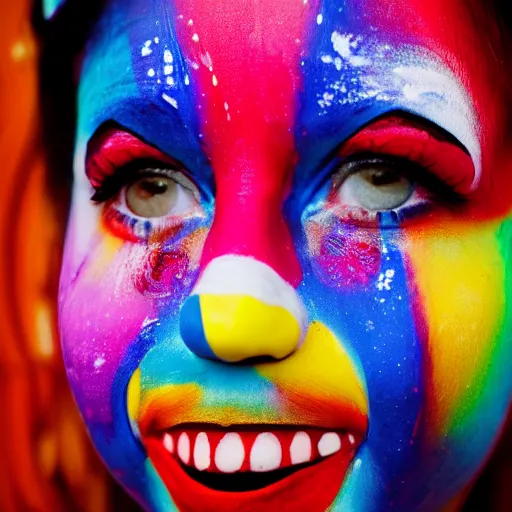 Image similar to a abstract shaped portrait of a abstract girl who has face - painting like a clown smiling creepily. depth of field. lens flare