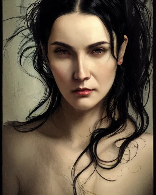 Prompt: portrait of a tall 4 0 - year - old woman with thin lips, long, lush black hair, and thick eyebrows, wearing in black clothes, hyper realistic face, beautiful eyes, close up, fantasy art, in the style of greg rutkowski, intricate, alphonse mucha, hyper detailed, smooth