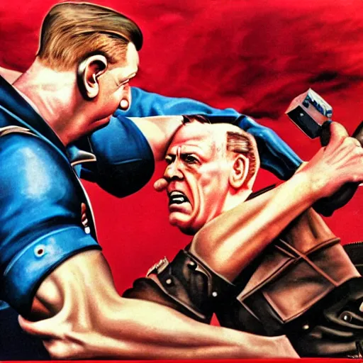 Image similar to UHD candid photo of Duke Nukem Punching Hitler, with accurate faces, UHD, photorealistic, correct faces, real hitler, photo by Annie Leibowitz