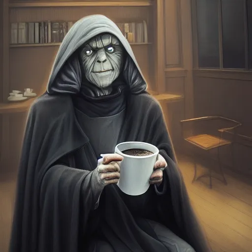 Prompt: Emperor Palpatine chilling in a coffee shop sipping on his hot steaming coffee, hyperdetailed, artstation, cgsociety, 8k