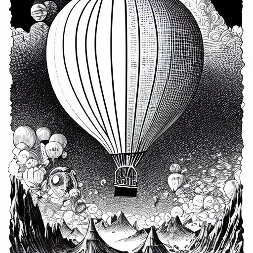 Image similar to portrait of an entire victorian air balloon over a fantasy landscape, line art illustration by joe fenton , black and white, intricate details