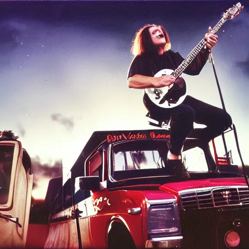 Prompt: ozzy osborne playing guitar ontop of a van, darkness, thunder, bat's flying around the sky