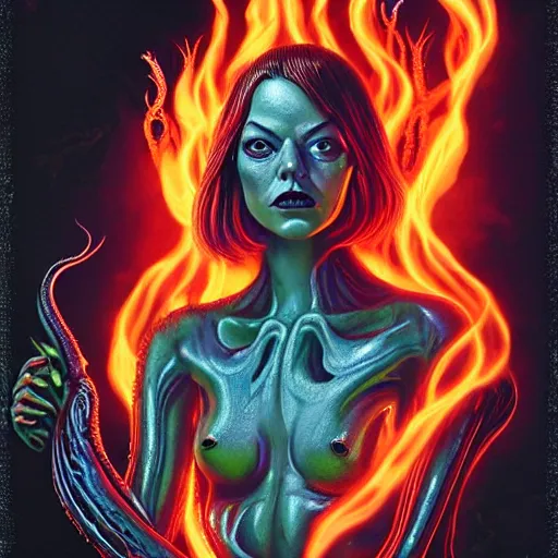 Image similar to scorn giger venom alien doom zdislaw bekinski horror hell alien tentacles satan fire flame, beautiful underwater redhead woman portrait of emma stone, pixar style, by tristan eaton stanley artgerm and tom bagshaw.