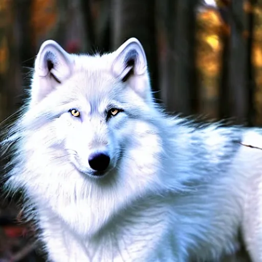 Image similar to a beautiful long - haired white wolf with blue eyes stands in a dormant autumn forest, no yellow color in eyes, no yellow color