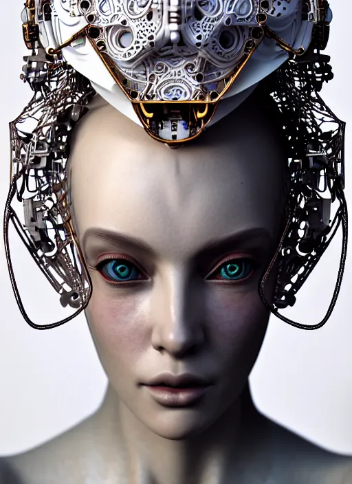 Prompt: portrait of an absurdly beautiful, graceful, sophisticated, fashionable cyberpunk mechanoid, hyperdetailed illustration by irakli nadar and alexandre ferra, intricate linework, white porcelain skin, faberge, fractal ivory headdress, unreal engine 5 highly rendered, global illumination, radiant light, detailed and intricate environment