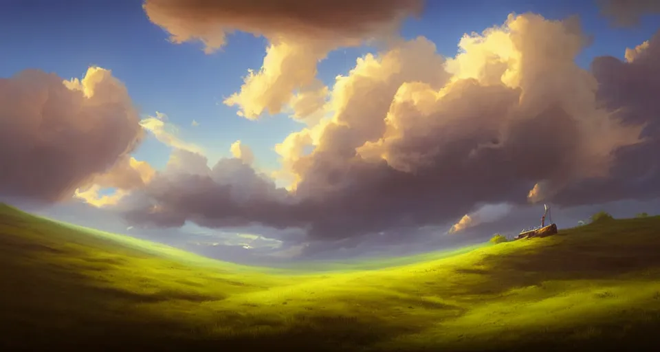 Prompt: landscape : a large wooden sleek fantasy sky - ship flying through the clouds blue sky grassy hills, andreas rocha style