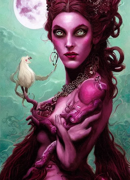 Prompt: portrait of princess of the dreamlands and moon beast, beautiful! coherent! by brom, deep colors, red maroon purple pink black, strong lines, rule of thirds