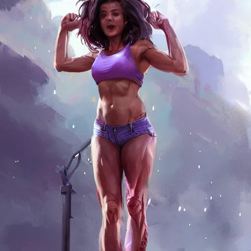 Prompt: girls, highly detailed, tall, very mad face, fat, serious, purple shorts, lazy, insanely muscular, ripped, shredded, beast, rain background, digital art, pixiv fanbox, artstation, by greg rutkowski, wlop