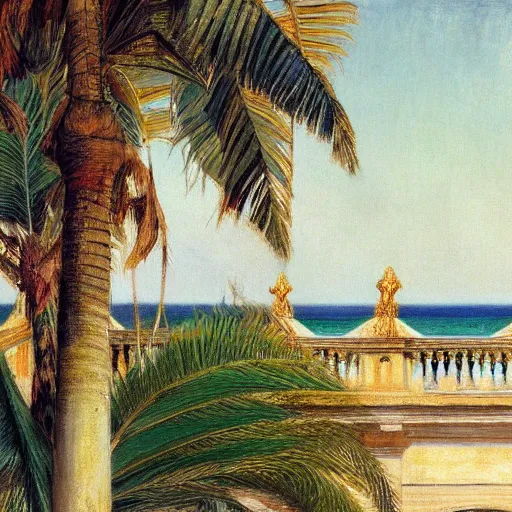 Image similar to a ultradetailed beautiful painting of the amazonas palace balustrade designed by jules bastien - lepage, hans belmer, frank weston and gustave baumann, beach, trending on artstation, mediterranean, palm trees, refracted color sparkles, sharp focus, soft light, 8 k 4 k