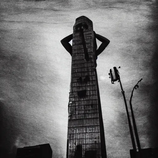 Image similar to siren head standing over downtown las angeles, arms overreaching the busy streets, nightime, creepy, dark vignette, damaged photograph