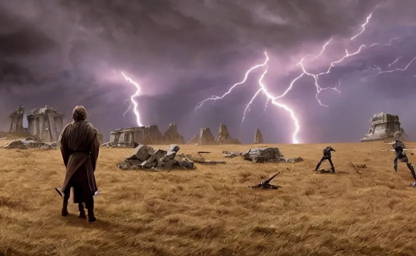 Image similar to screenshot portrait of Luke Skywalker in a windy lightning battlefield with scattered ruins of a fiery jedi rock temple, surrounded by giant AT-AT walkers, with young jedi army behind him, iconic scene from 1970s film by Stanley Kubrick, last jedi, 4k HD, cinematic lighting, beautiful portrait of Mark Hammill, moody scene, stunning cinematography, mcu effects, anamorphic lenses, kodak color film stock