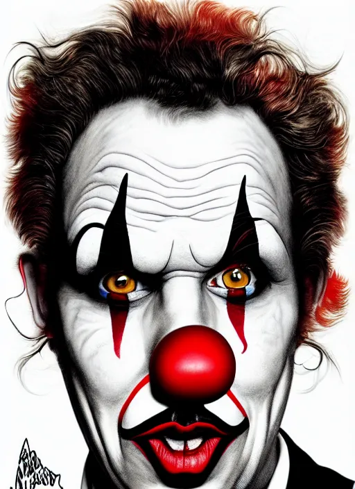 Prompt: a clown with serious expression, clown makeup. art by martin ansin, martin ansin artwork. portrait.