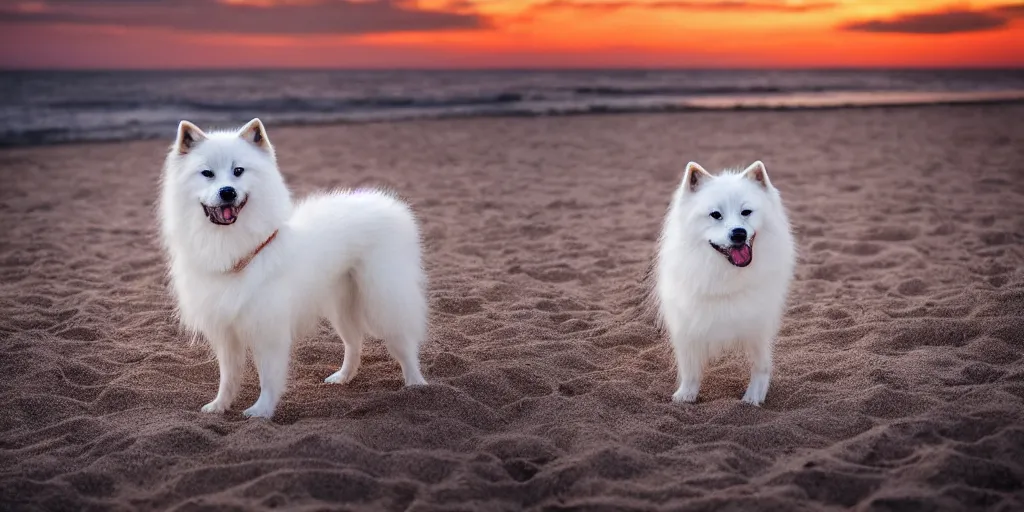 Image similar to a closeup photorealistic photograph of a robot cyborg japanese spitz on the beach at sunset. part dog part machine, pipes and wires glowing eyes. robot dog. part robot dog. hybrid machine dog. this 4 k hd image is trending on artstation, featured on behance, well - rendered, extra crisp, features intricate detail and the style of unreal engine. golden hour