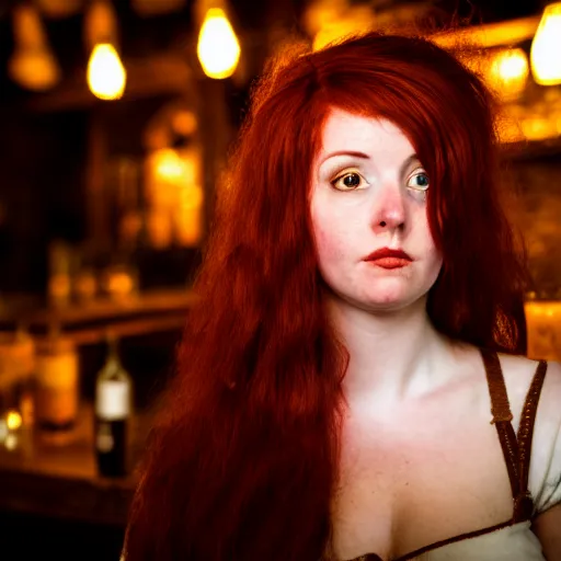 Image similar to beautiful bar maid with auburn hair, in a medieval tavern at night, dramatic, cinematic, filmic, 7 5 mm, f / 1. 8