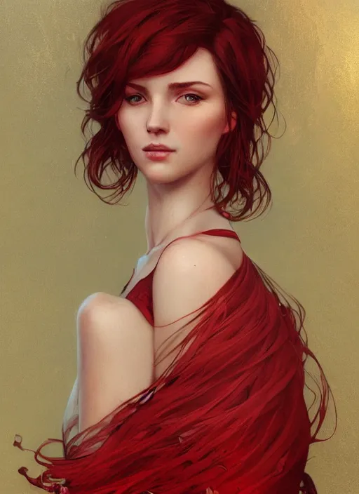 Image similar to Red short hair portrait of a man, fantasy, intricate, elegant, highly detailed, digital painting, artstation, concept art, smooth, sharp focus, illustration, art by artgerm and greg rutkowski and alphonse mucha