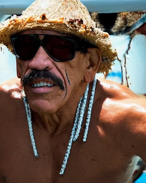 Image similar to danny trejo swimming in a pool of baked beans, realistic, moody grindhouse, dark